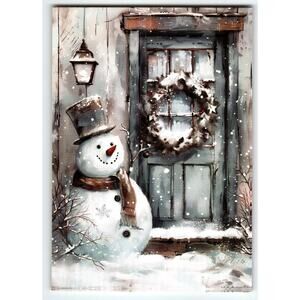 Vintage Christmas Snowman Wreath Door Lithograph Postcard 5.5x4